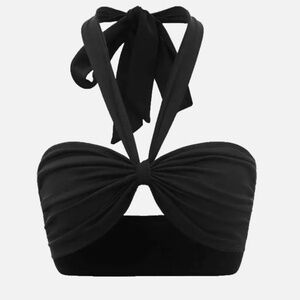 Open Back Ruched Front Bust Crop Halter Black Top Size Small